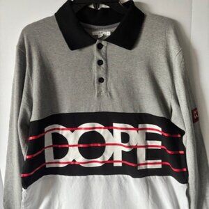Dope Gray Black White Polo Graphic Long Sleeve Shirt Men XL Spellout Streetwear